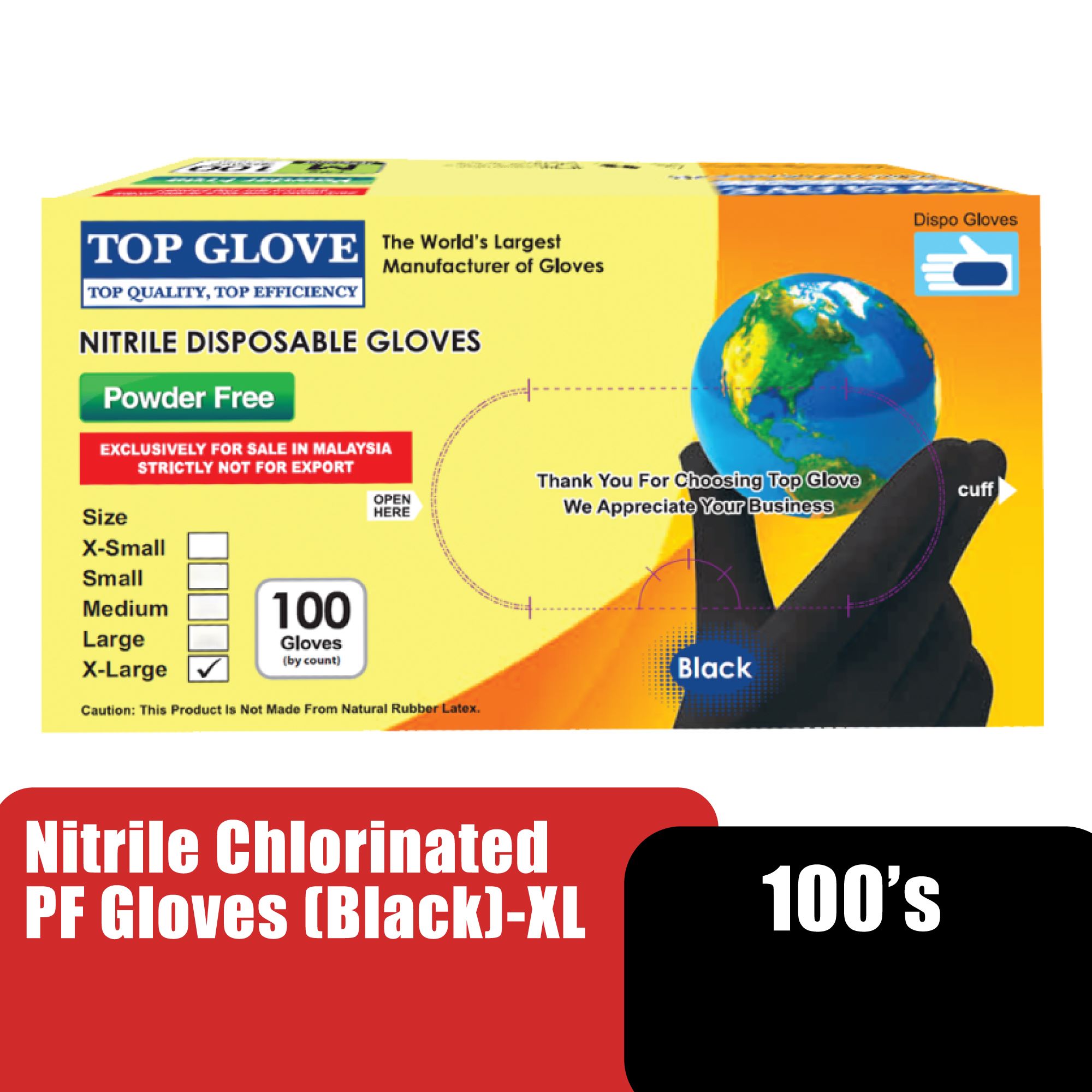 TOP GLOVE NITRILE CHLORINATED PF GLOVES (BLACK) 100'S - XL