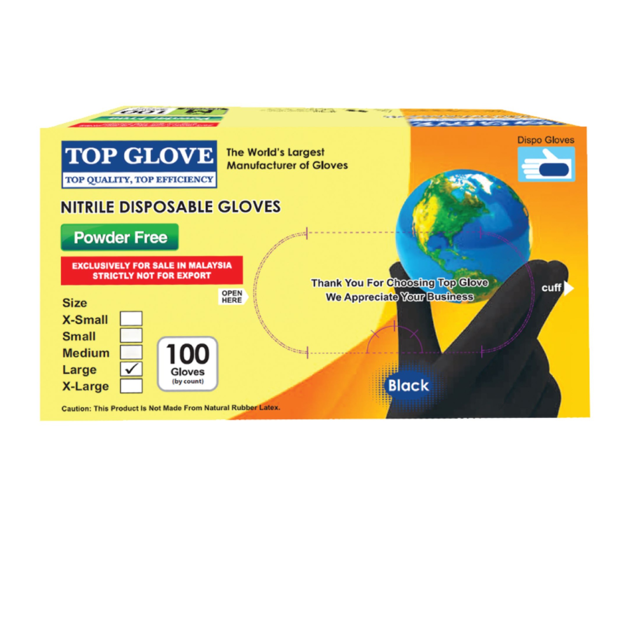 TOP GLOVE NITRILE CHLORINATED PF GLOVES (BLACK) 100'S - L