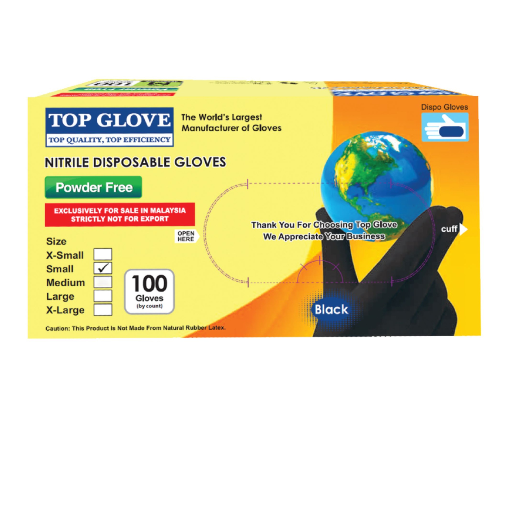 TOP GLOVE NITRILE CHLORINATED PF GLOVES (BLACK) 100'S - S
