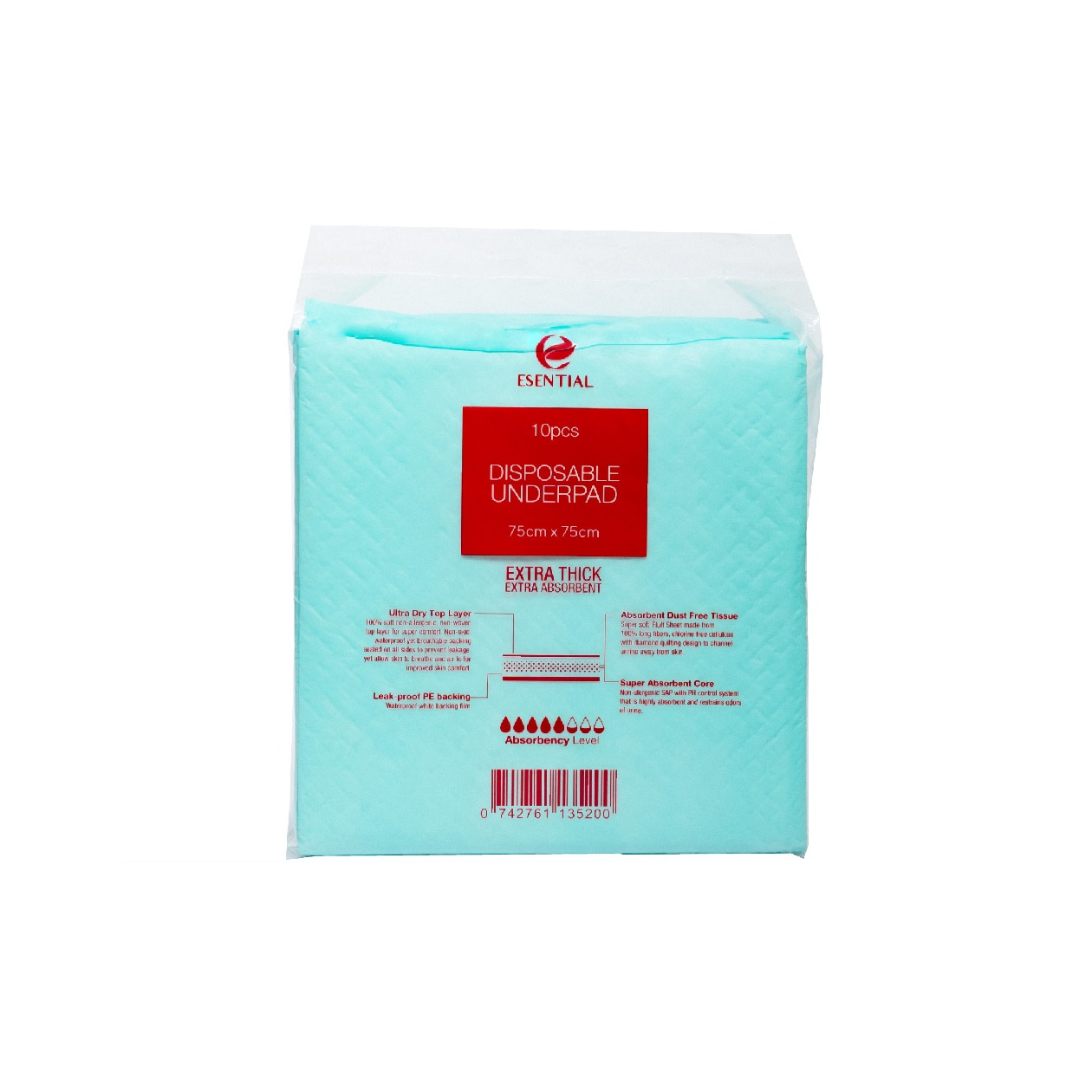 ESENTIAL Disposable Underpad For Adult 75cm x 75cm 10's / Leak proof absorbent pad 隔尿垫,床垫 ,月經墊