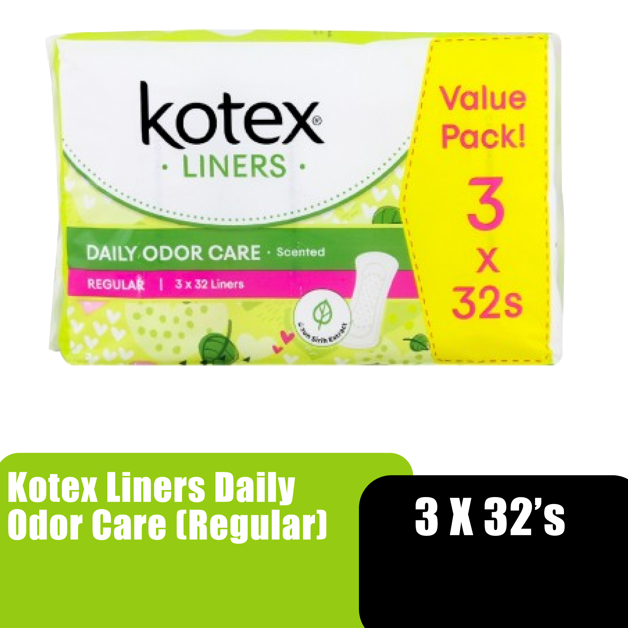 KOTEX LINERS DAILY ODOR CARE 32'S X 3 - LONGER & WIDER (REGULAR)