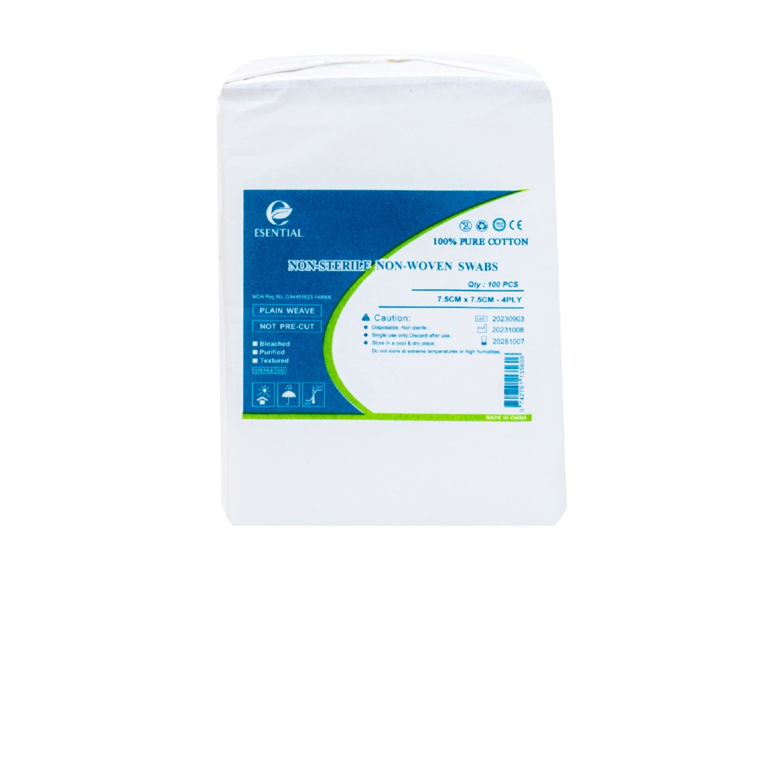 ESENTIAL Disposable Non-Woven Gauze Swabs 100's 7.5cm x7.5cm -Plaster Gauze for wound dressing /无纺布纱布