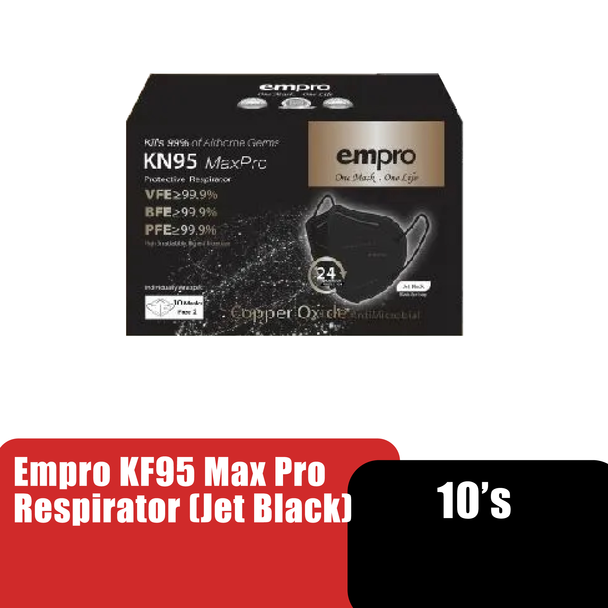 EMPRO KN95 MAX PRO RESPIRATOR COPPER OXIDE ANTIMICROBIAL FACE MASK 10'S - JET BLACK (JA-KN95)