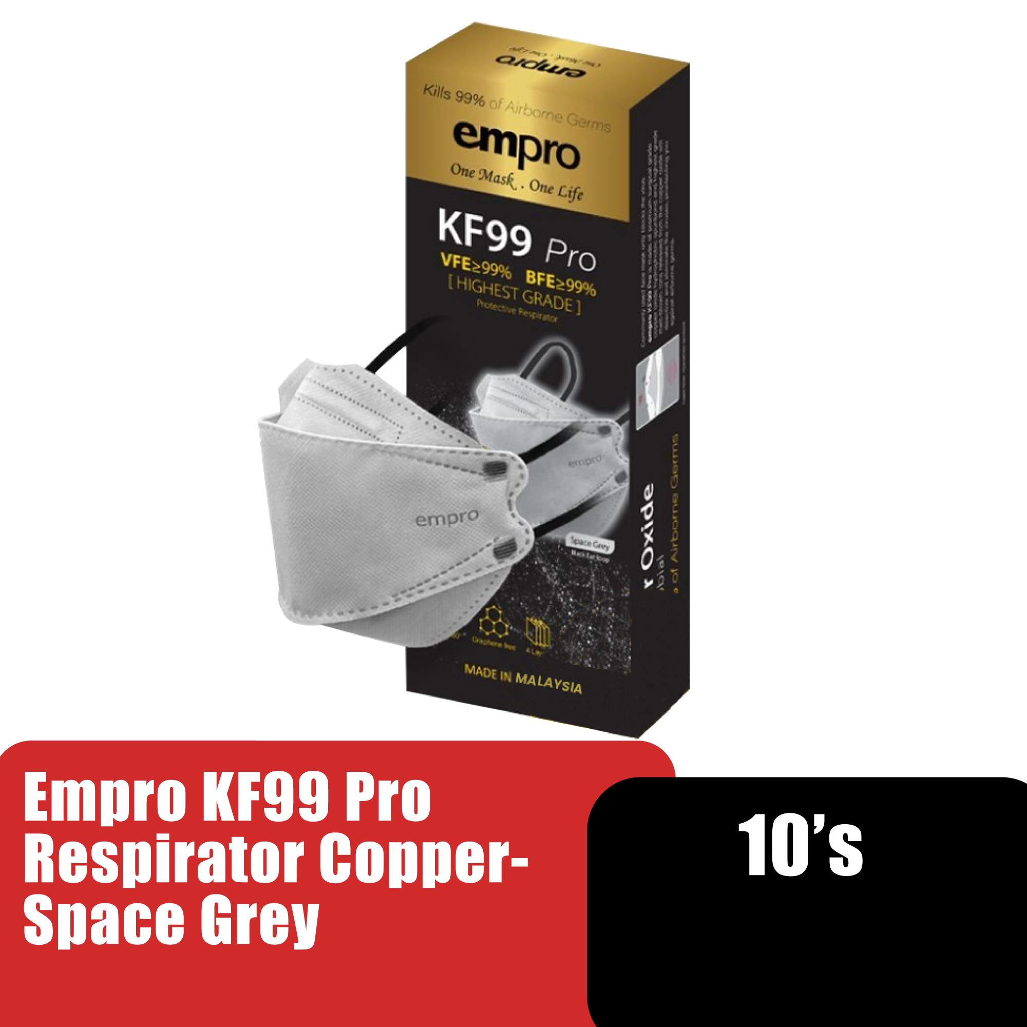 Empro Mask KF99 Pro Respirator Empro Copper Oxide Mask Antimicrobial Face Mask 10's - Space Grey