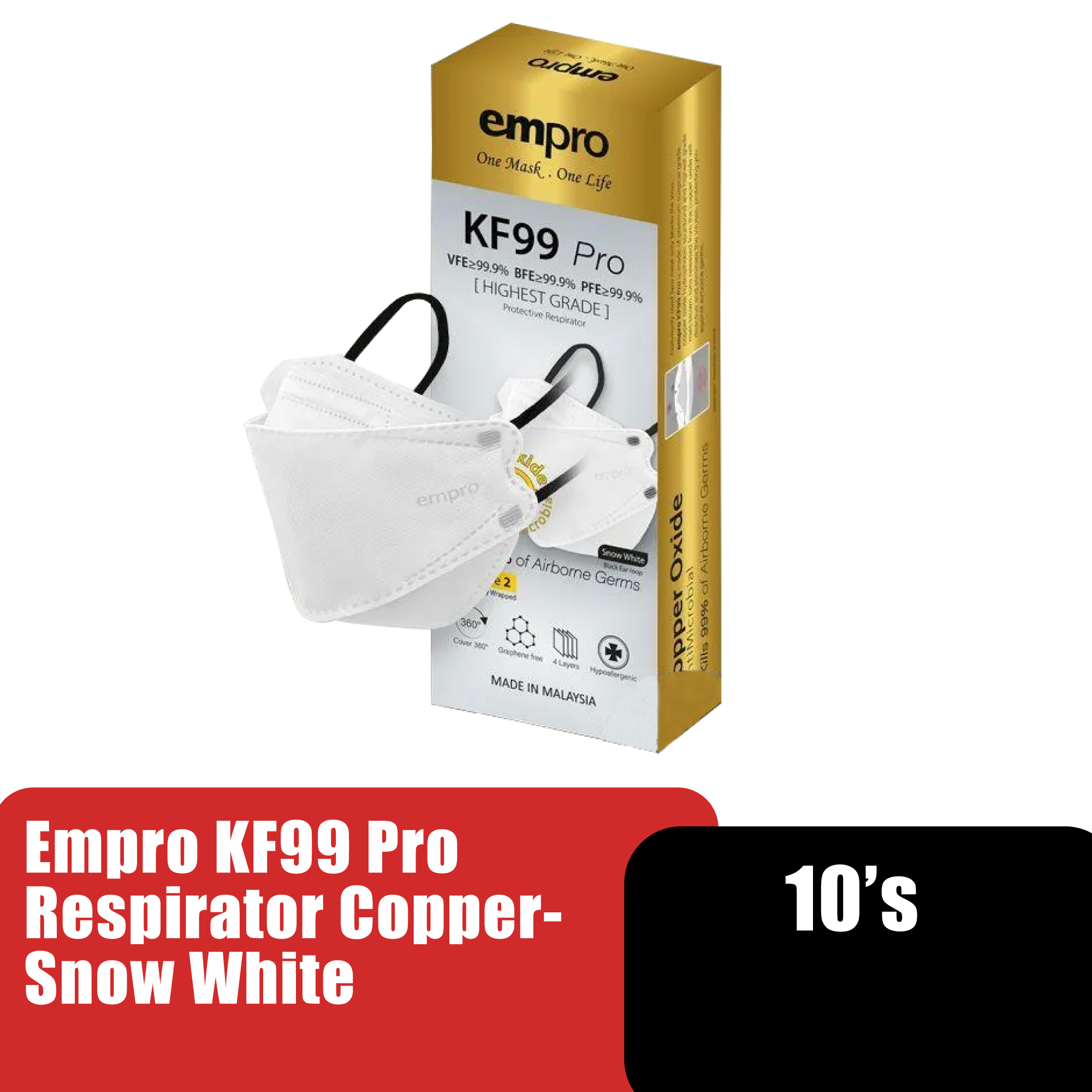 Empro Mask KF95 Max Pro Respirator Empro Copper Oxide Mask Antimicrobial Face Mask 10's - Snow White