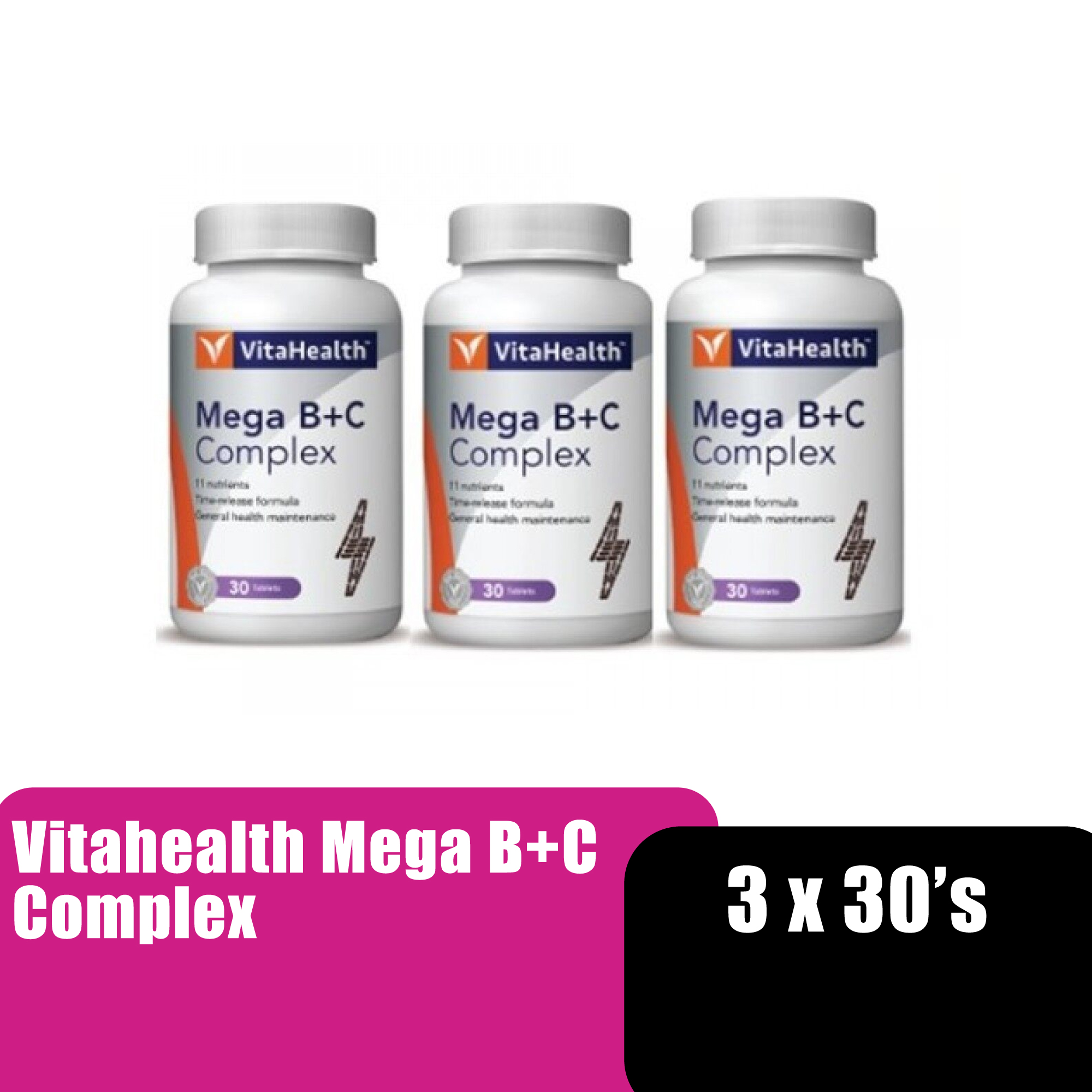 Vitahealth Mega B+C Complex (Vitamin B,C) 3x30's 维生素 maintain good health& enegry boost