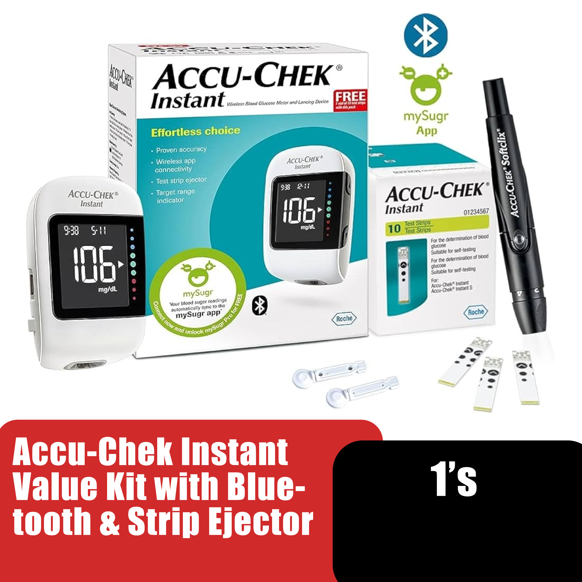 Accu Chek Instant Value Kit for Blood Sugar test with Bluetooth & Strip Ejector / 血糖 測量儀