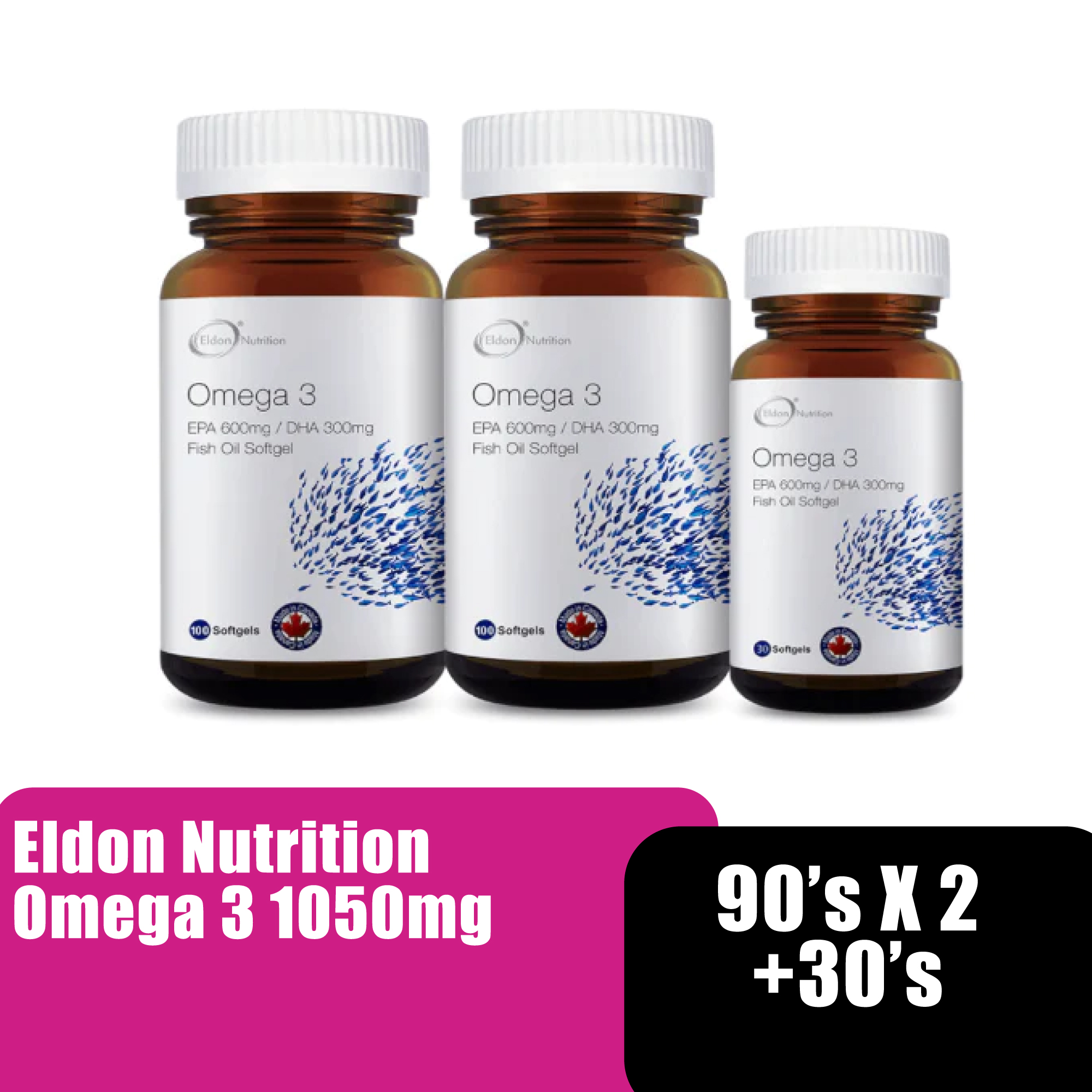 Elldon Nutrition Omega 3 Fish Oil Supplement,Memory Booster Brain Supplement,Heart Supplement (补脑)(1050mg x 90's x 2)+30