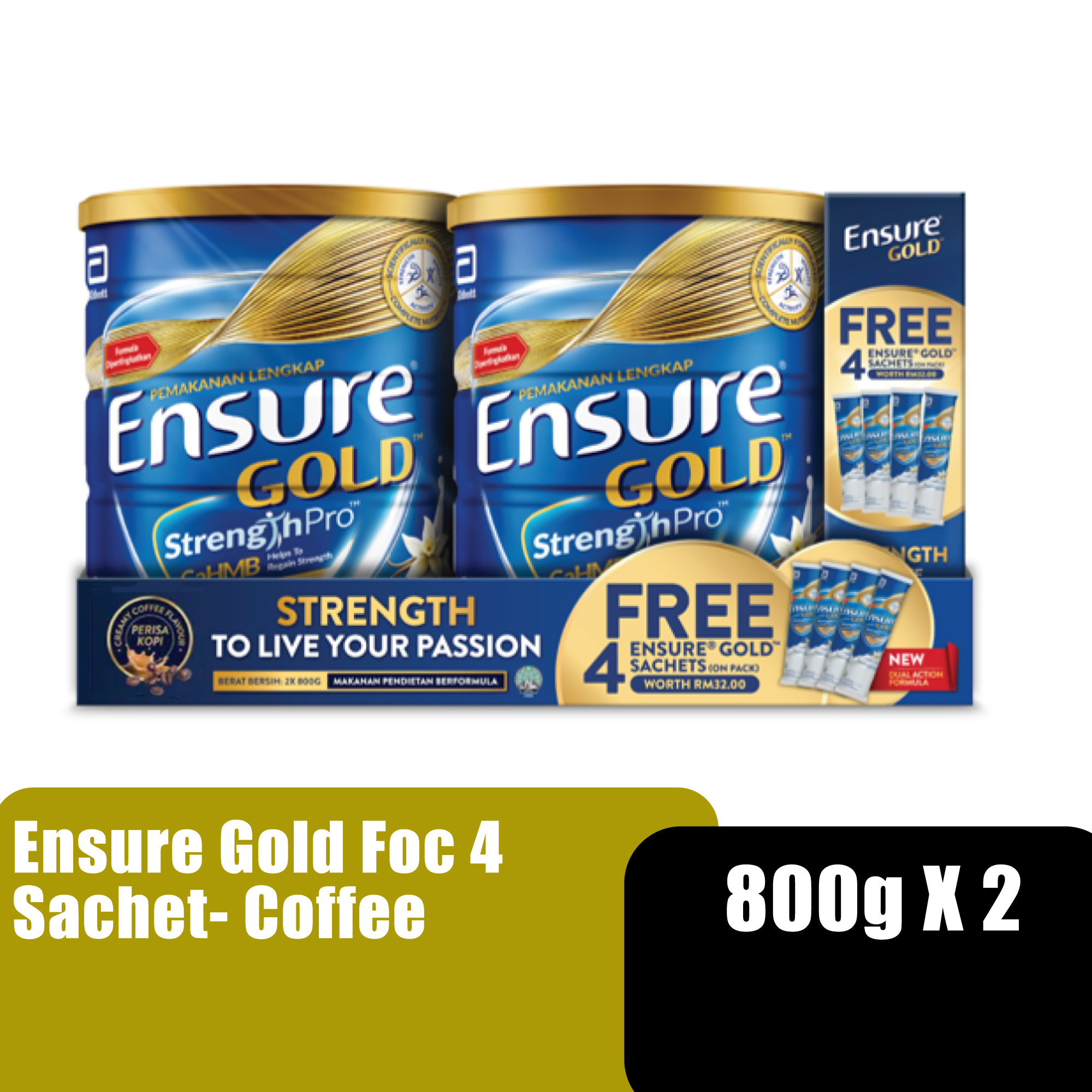 ENSURE Gold Coffee Flavour Plant Protein for Immunity Booster with B12 (牛奶粉) - 800g x 2 [FOC 4 Sachets]