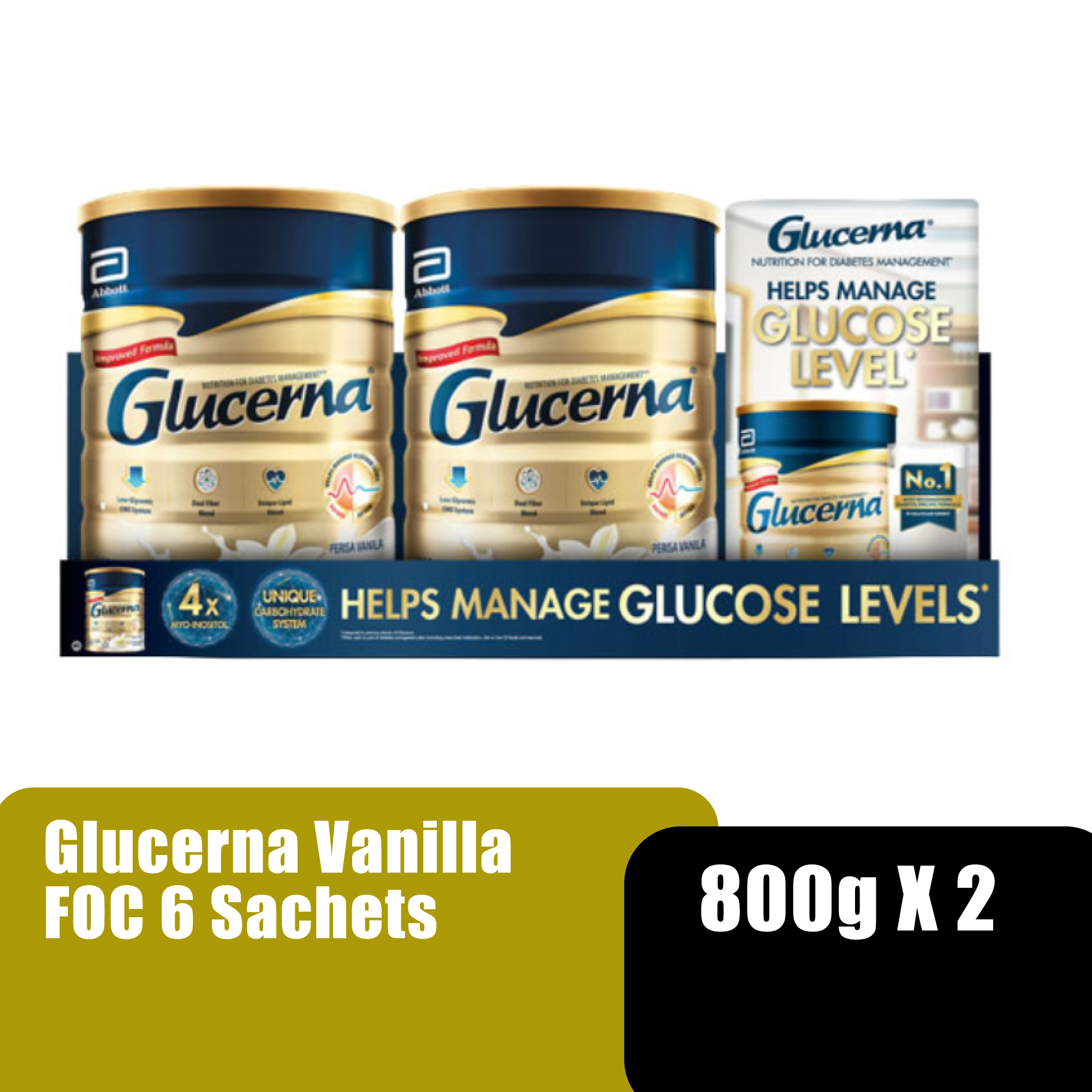 Glucerna Vanilla Milk, Diabetic Milk as Meal Replacement and in Tube Feeding Formula - 800g x 2 [FOC 6 Sachets]