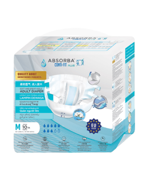 ABSORBA Conti-Fit Clothlike Diapers (M Size) 10's - Premium Valcro Tape & Perforated Blue Adl (成人尿布 / 成人尿垫)