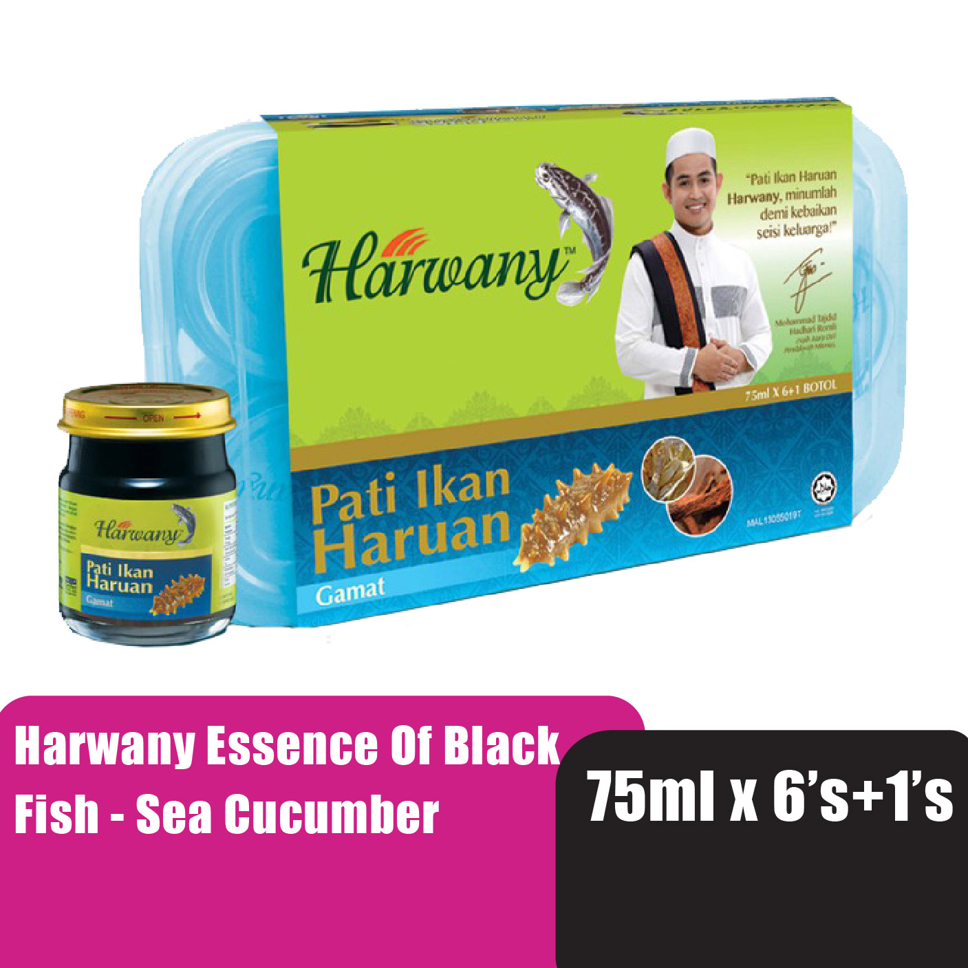 HARWANY Essence Of Black Fish Sea Cucumber Gamat 75ml X 6's + FOC 1's - Harwany Pati Ikan Haruan Asli / Pati Ikan Haruan