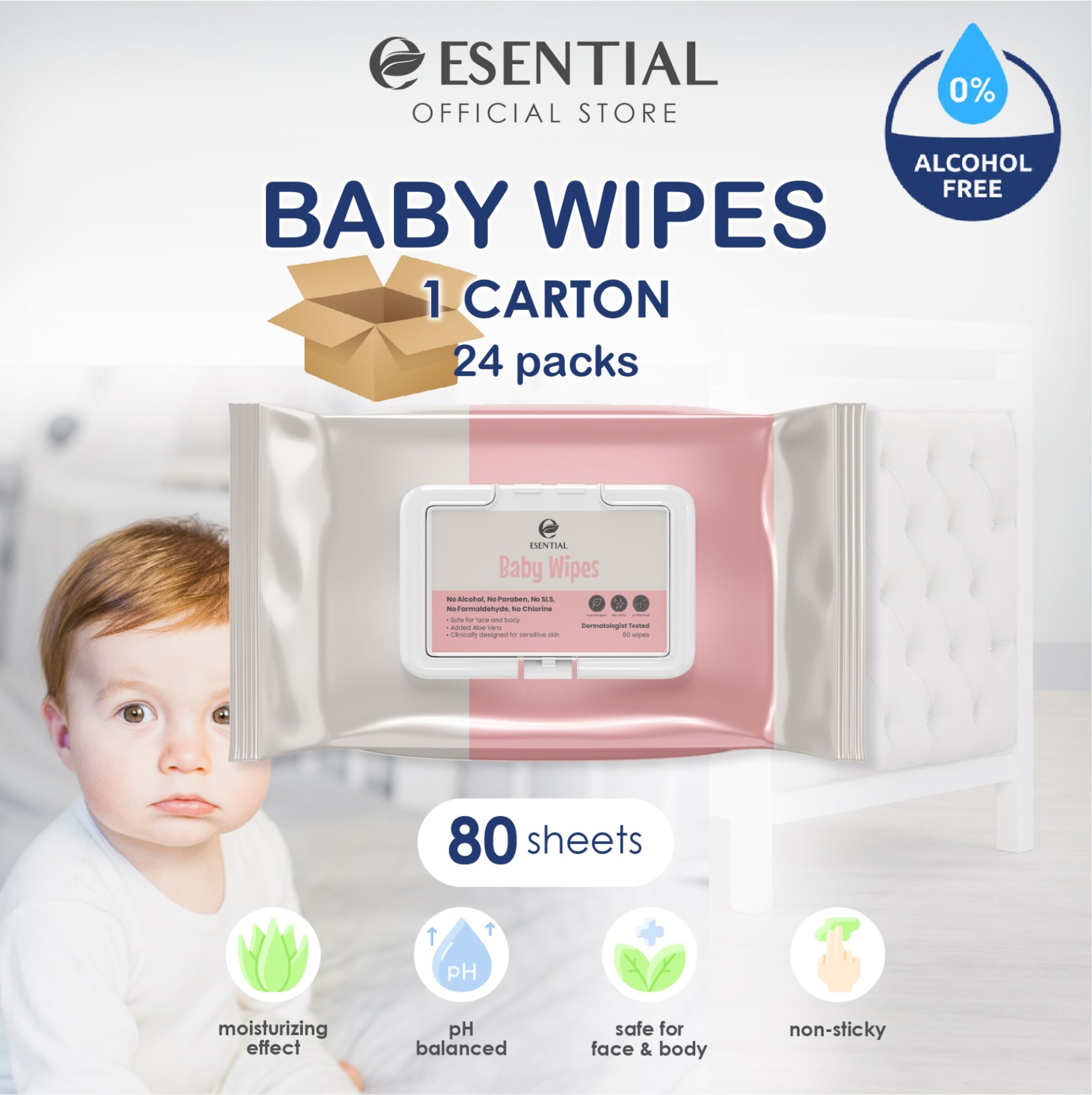 ESENTIAL Non Alcohol Baby Wipes 80's x 24 With Natural Aloe Vera / Tisu Basah for Sensitive Skin 宝宝 濕紙巾