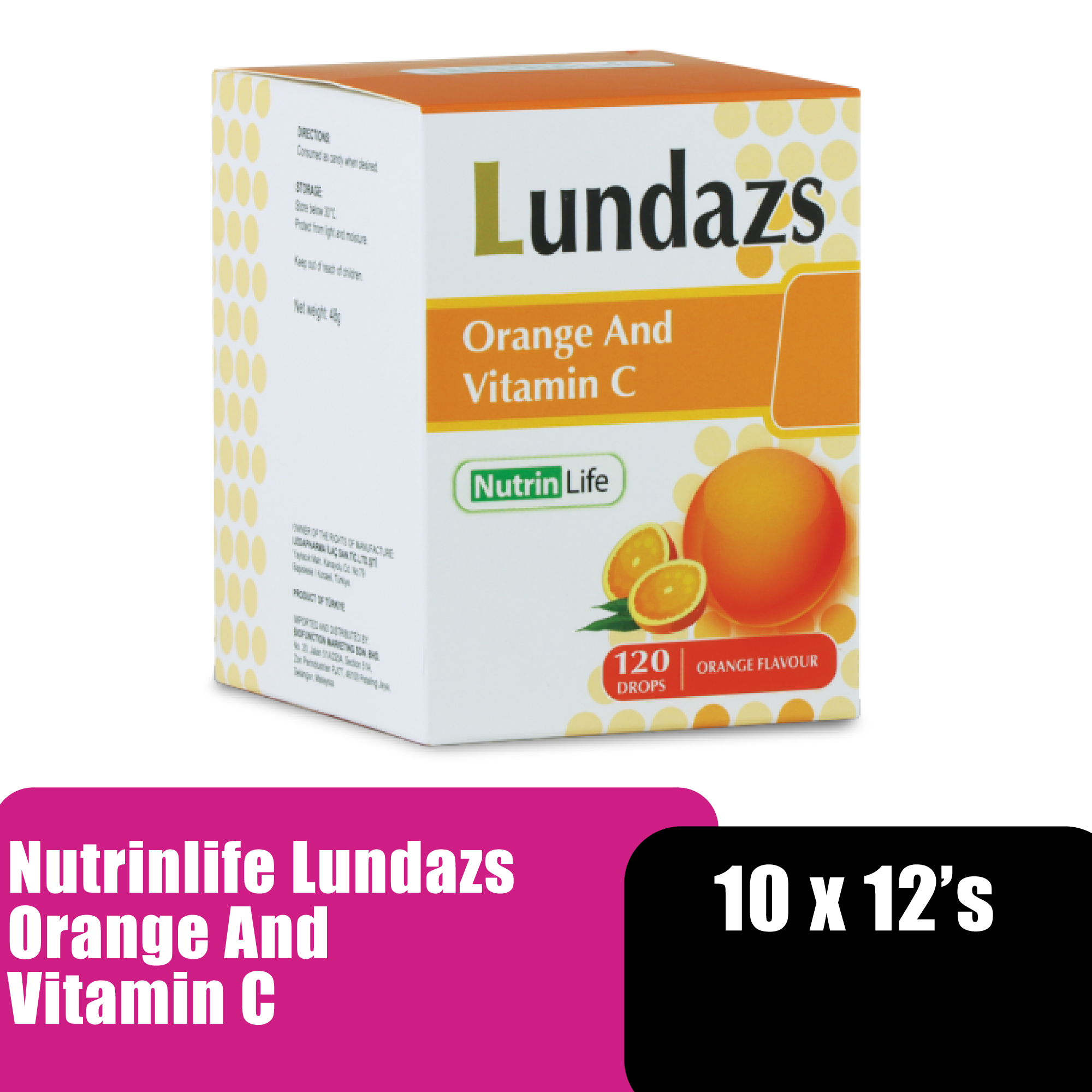 NUTRINLIFE Lundazs Orange & Vitamin C (10 x 12's), Sore Throat Cough Relief Lozenges, Ubat Sakit Tekak, Ubat Batuk, 咳嗽