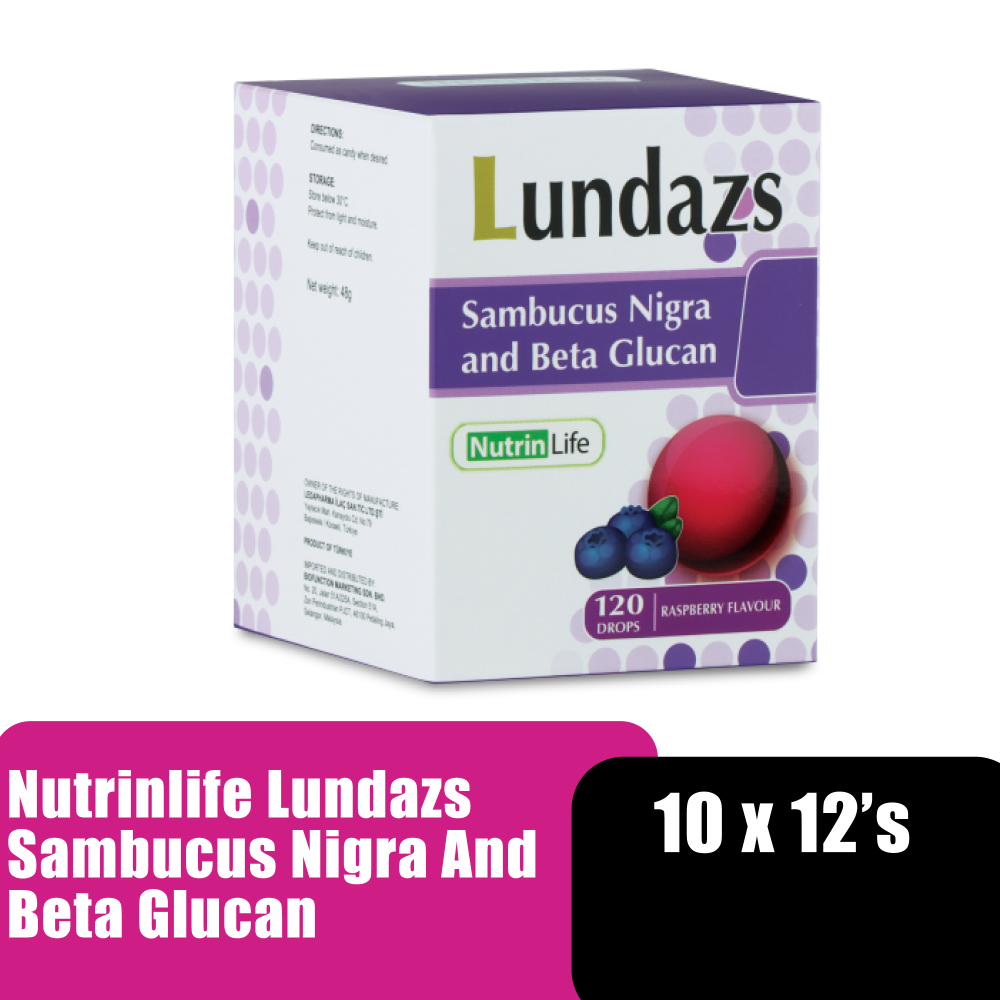 NUTRINLIFE Lundazs Sambucu Nigra and Beta Glucan (10 x 12's), Sore Throat Cough Relief Lozenges, Ubat Sakit Tekak, Ubat