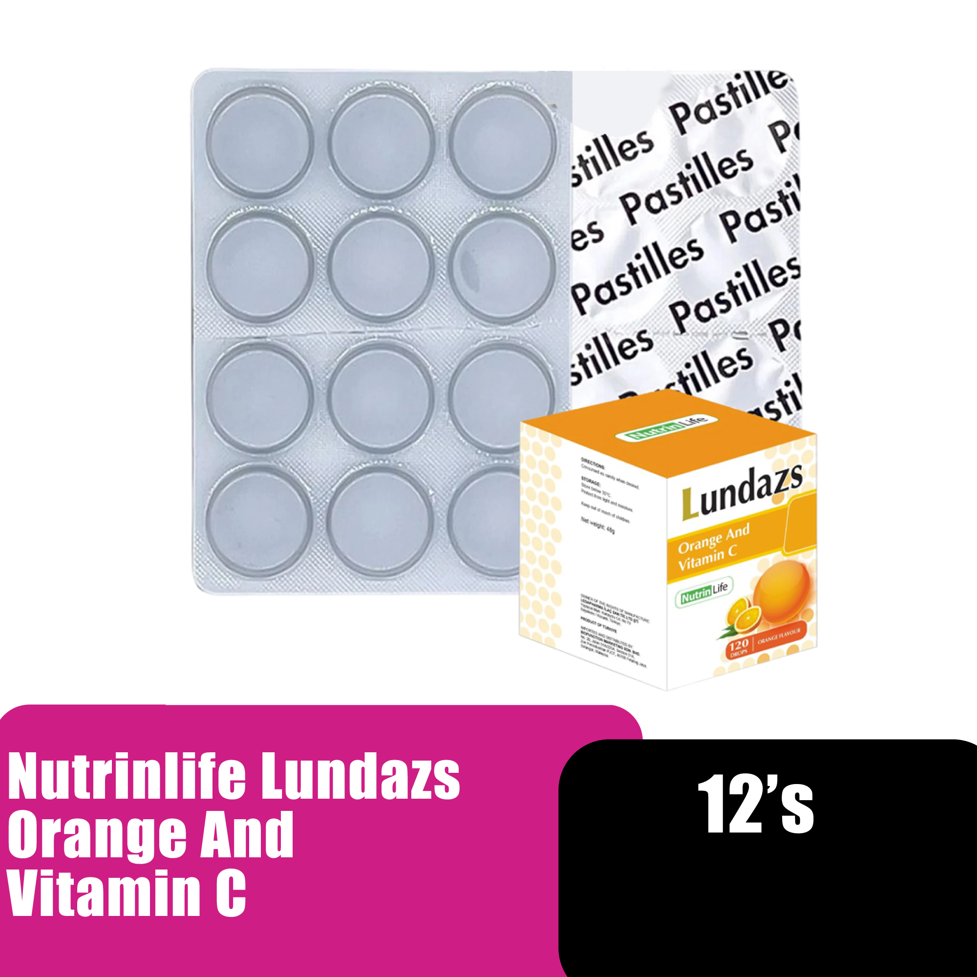 NUTRINLIFE Lundazs Orange & Vitamin C (12's), Sore Throat Cough Relief Lozenges, Ubat Sakit Tekak, Ubat Batuk, 咳嗽