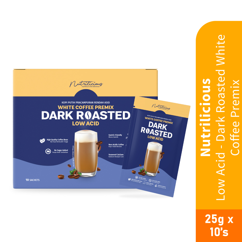 NUTRILICIOUS Low Acid With Dark Roasted White Coffee Premix 25gx10's- Coffee, White Coffee, Sachet Packaging