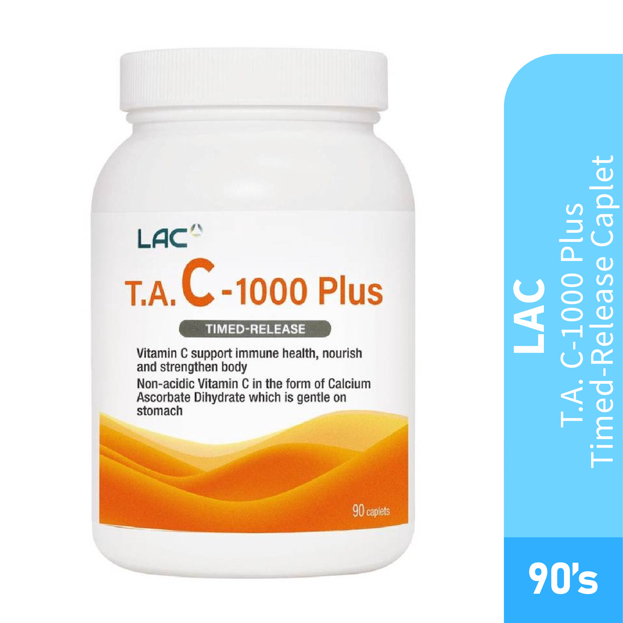 LAC Vitamin C TAC 1000 Plus Timed Release 90's with Vitamin C, Non Acidic Vitamin C for Immune Booster