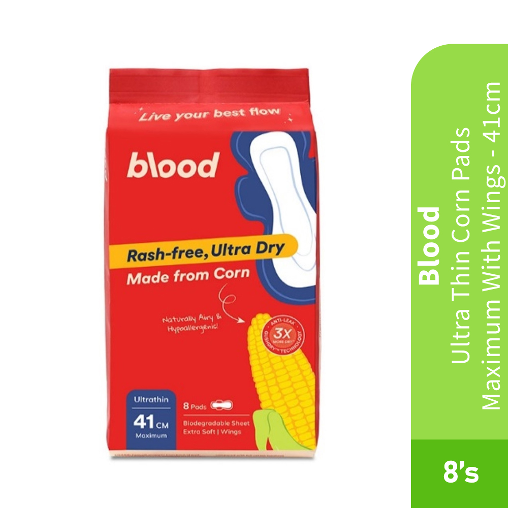 BLOOD Ultra-Thin Corn Pads Maximum With Wings 41cm 8's- Pad, Sanitary Pad, Tuala Wanita