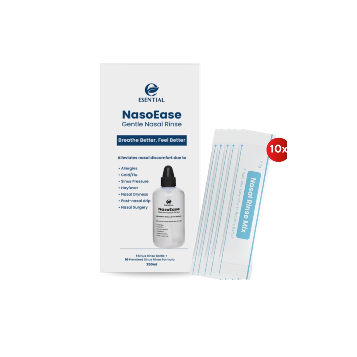 ESENTIAL Nasoease Gentle Nasal Rinse Kit 250ml + 10's Premixed Sachets, Sinus Rinse, Nasal Spray