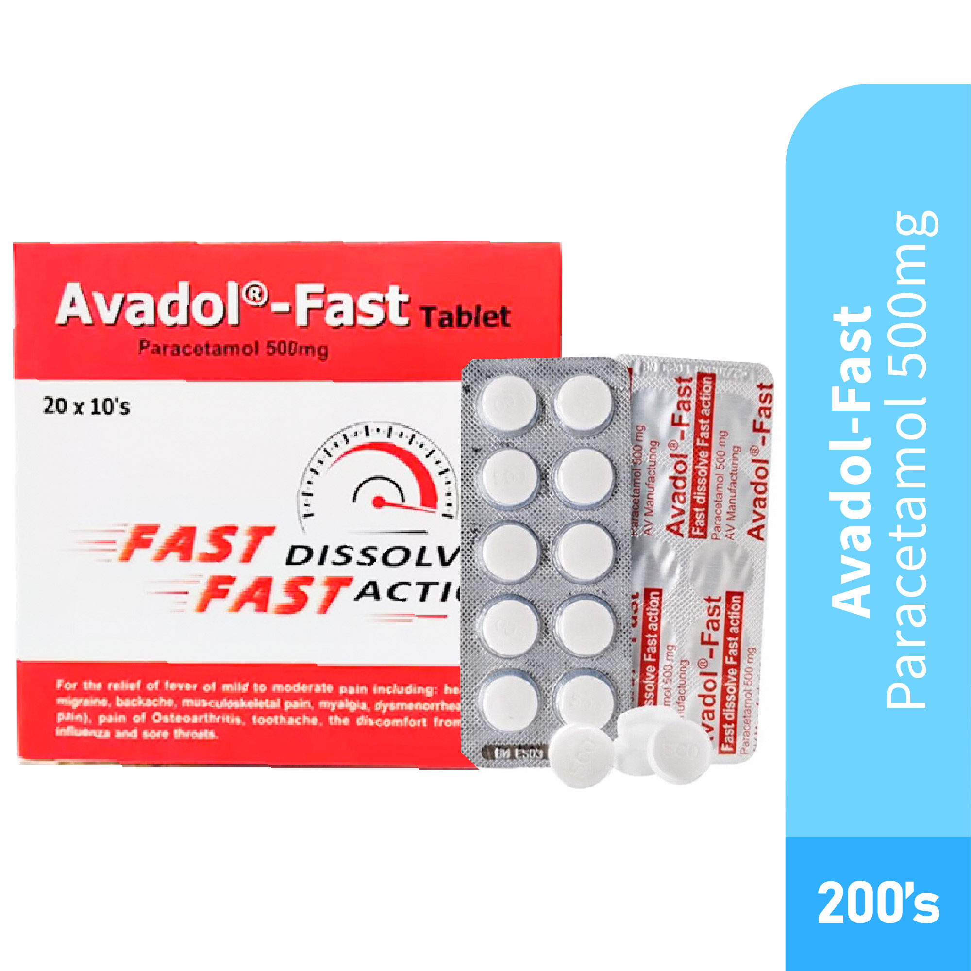 AVADOL Fast 500mg 200's - One Box, Paracetamol