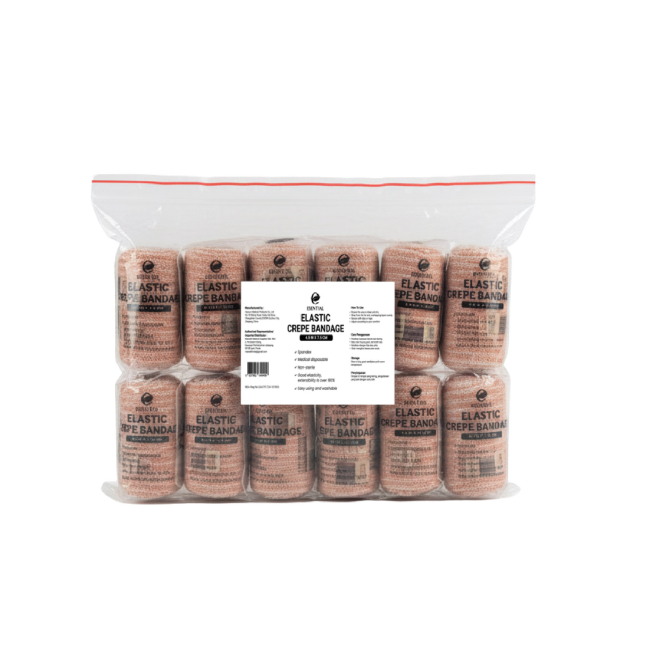 ESENTIAL Elastic Crepe Bandage (7.5cm x 4.5m) 12's for Bandage Wrap, Bandage Dressing, Bandage Tape