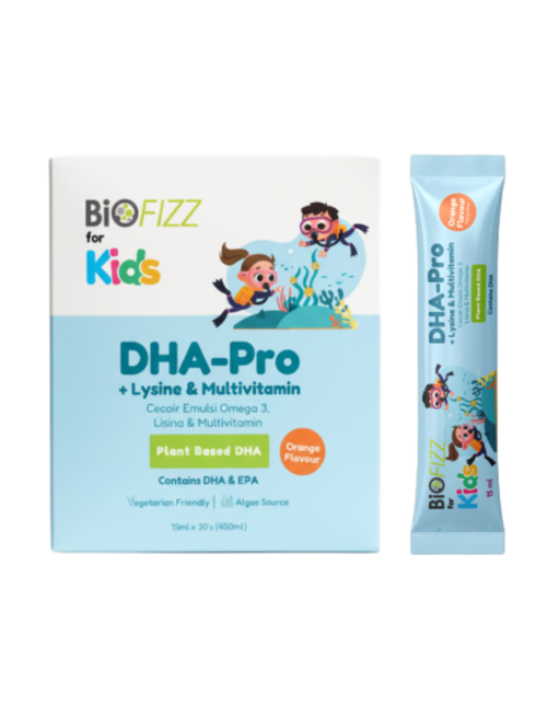 BIOFIZZ Dha-Pro Lysine & Multivitamin Emulsion 15ml X 30's for Kid's Supplement with DHA, Coq-10 and Kids Multivitamin