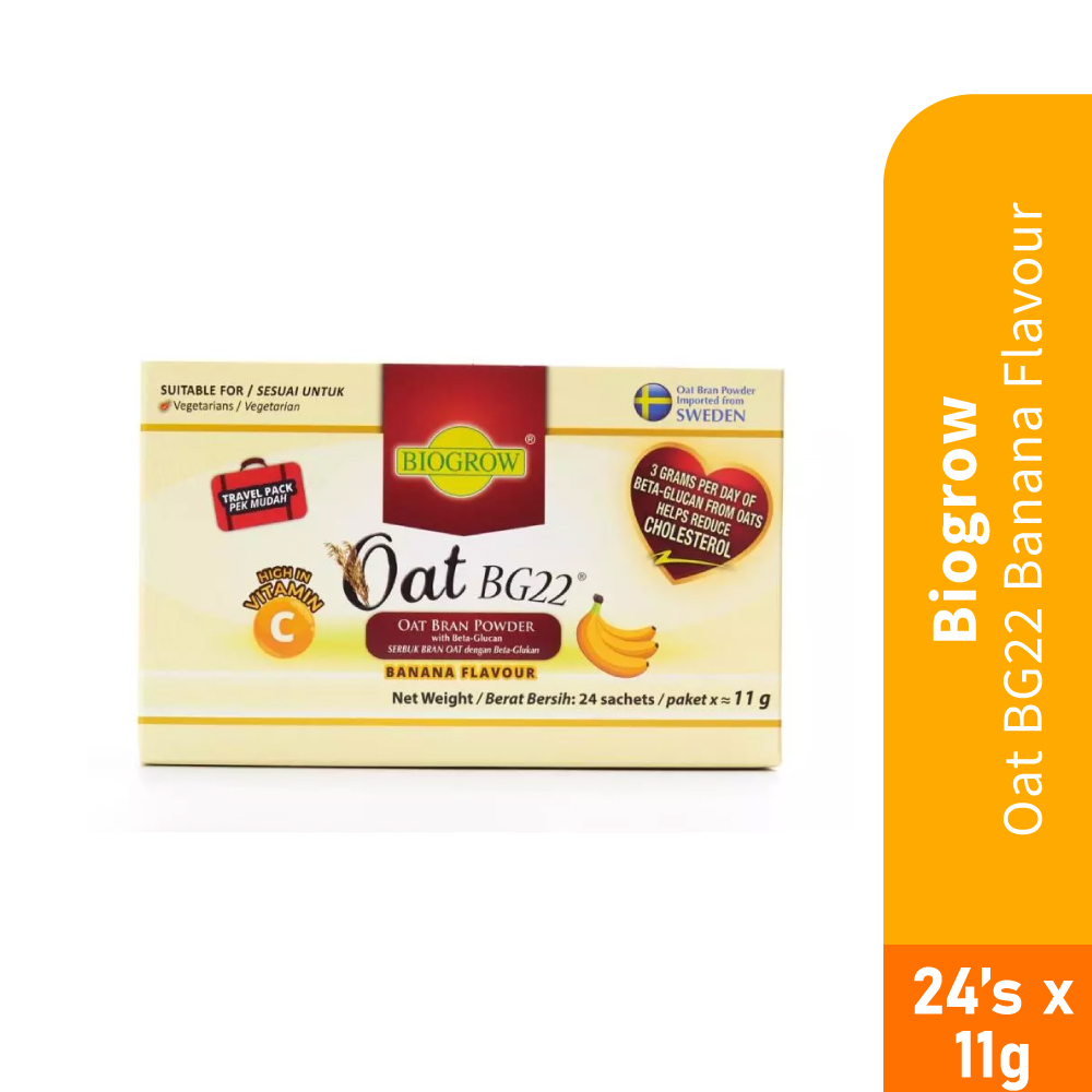 BIOGROW Oat Bg22 Sachet Banana Flavour 11g X 24's Oat Bran Powder with Beta Glucan Oat for Reduce Cholestrol