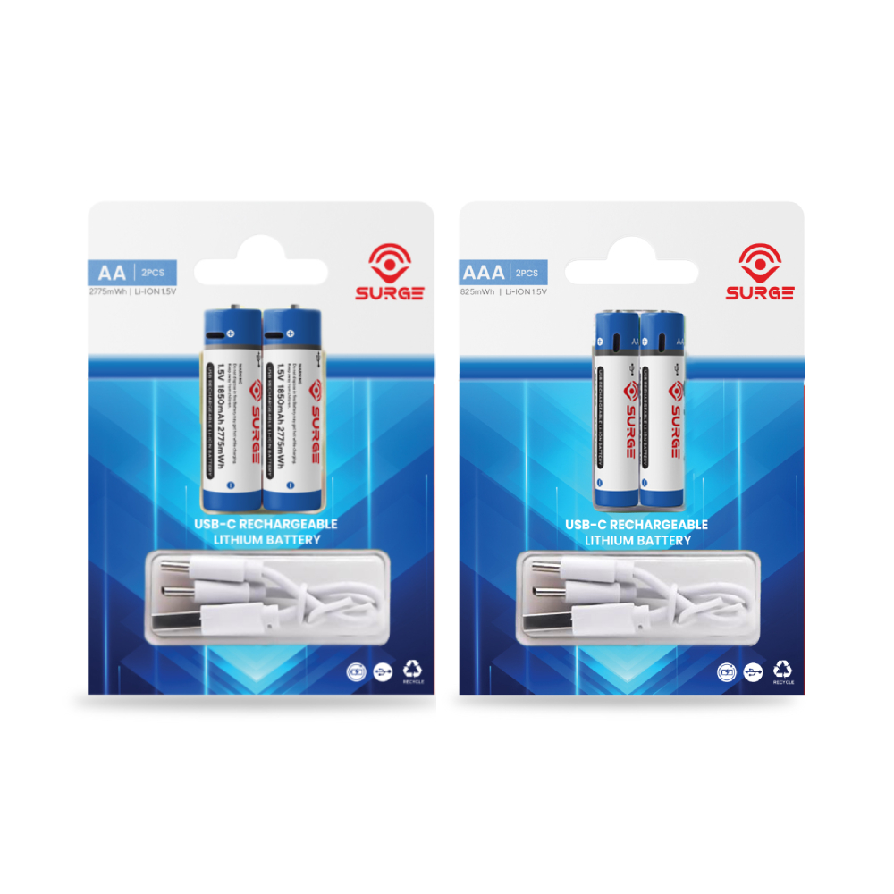 SURGE Rechargeable Lithium Battery Type C (AA/AAA) 2's - Bateri Boleh Cas, Rechargeable Battery