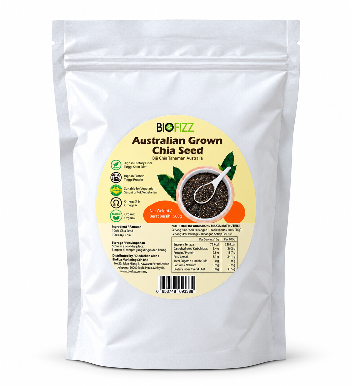 BIOFIZZ Chia Seed 500g with Organic Chia Seed, Halal Chia Seed, Superfood Chia Seed, Biji Chia