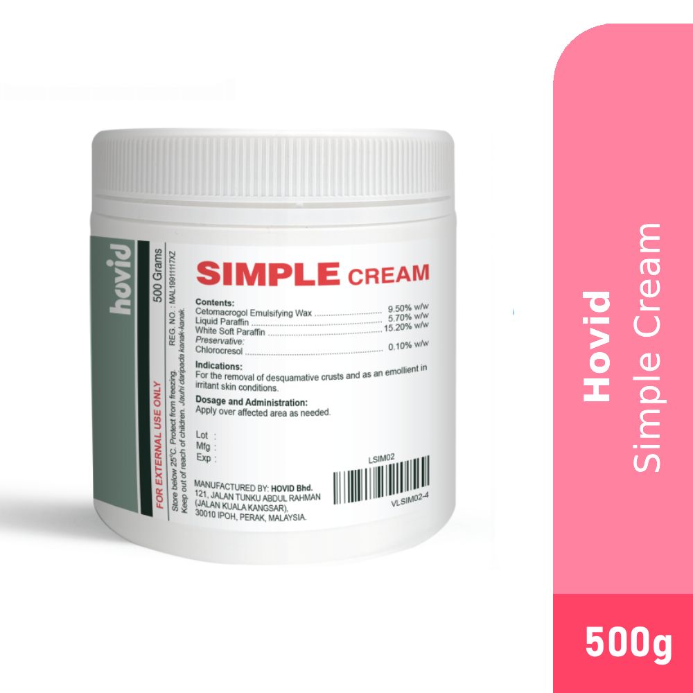 HOVID Simple Cream 500g for Gentle Moisturising Cream for Sensitive Skin, Dry Skin, Eczema, Psoriasis
