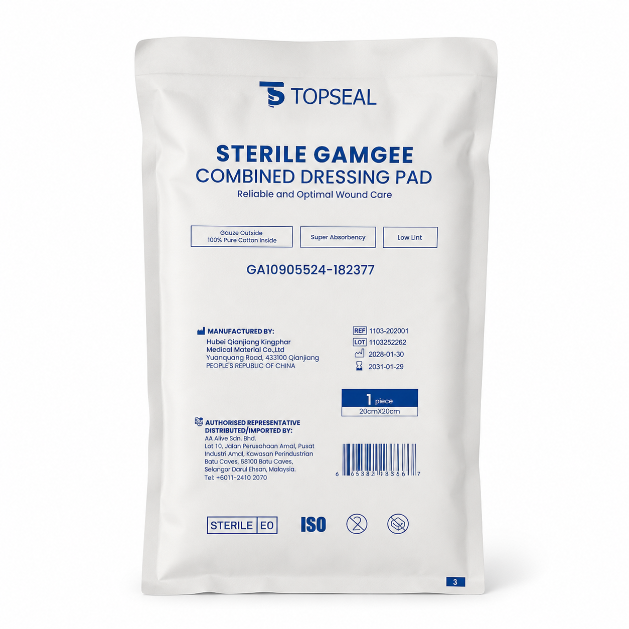 TOPSEAL Sterile Gamgee Pad 20cm X 20cm 20's for Sterile Dressing Pad, Wound Dressing