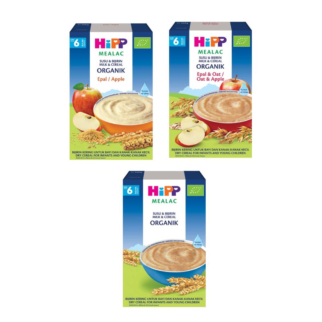 HIPP Mealac Organic Milk & Cereal 6 Months 250g (Original, Apple, Apple & Oat) for Baby Food