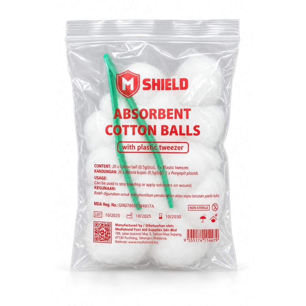 MEDISHIELD Absorbent Cotton Ball 20's with Plastic Tweezer, Kapas Bebola, Kapas Penyerap