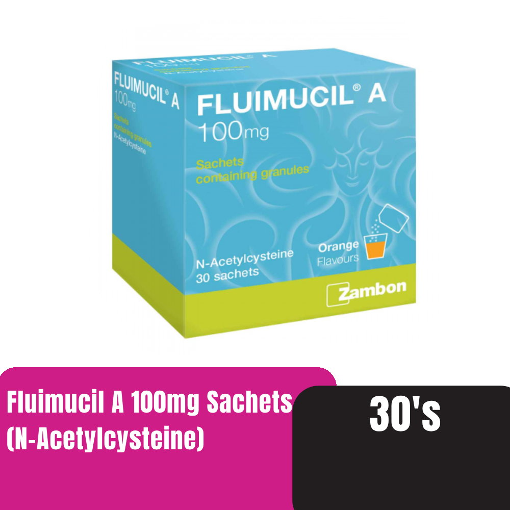 FLUIMUCIL A 100mg 30's for Cough, Phlegm, Phlegm Medicine, Ubat Batuk, Ubat Kahak, 止咳药, in Sachet - Orange