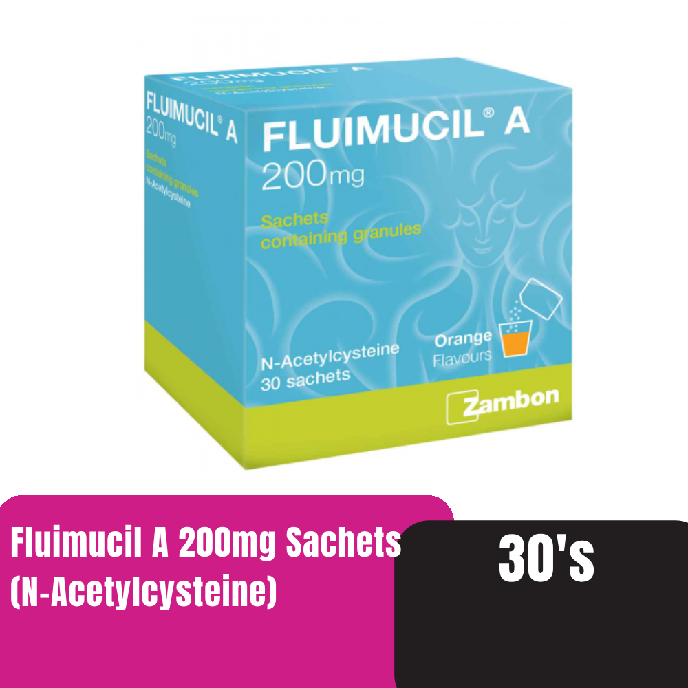 FLUIMUCIL A 200mg 30's for Cough, Phlegm, Phlegm Medicine, Ubat Batuk, Ubat Kahak, 止咳药, in Sachet - Orange