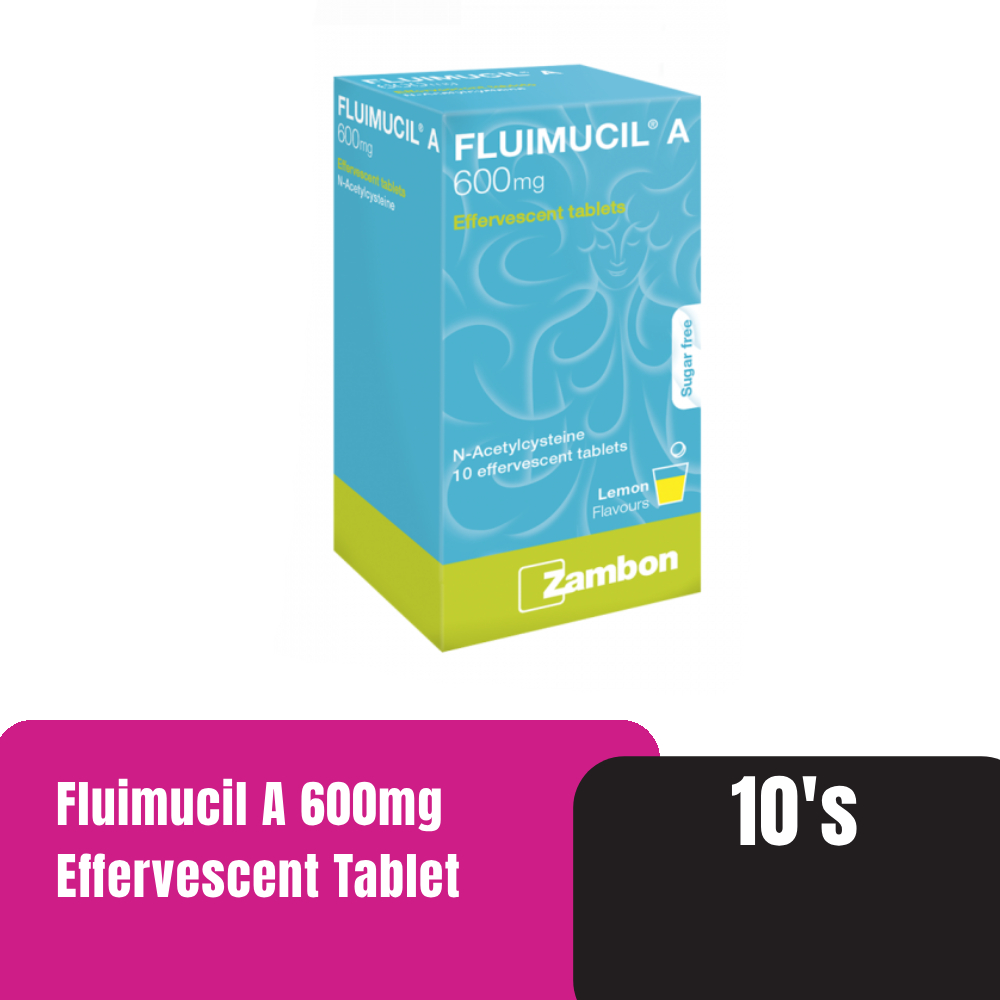 FLUIMUCIL A 600mg Effervescent 10's for Cough, Phlegm, Phlegm Medicine, Ubat Batuk, Ubat Kahak, 止咳药  - Lemon