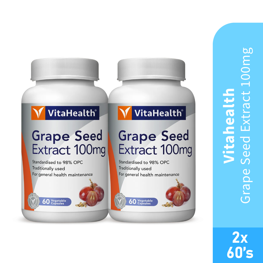 VITAHEALTH Grape Seed Extract 100mg 60's x2- Grape Seed, Antioxidant , Vegetable Capsule