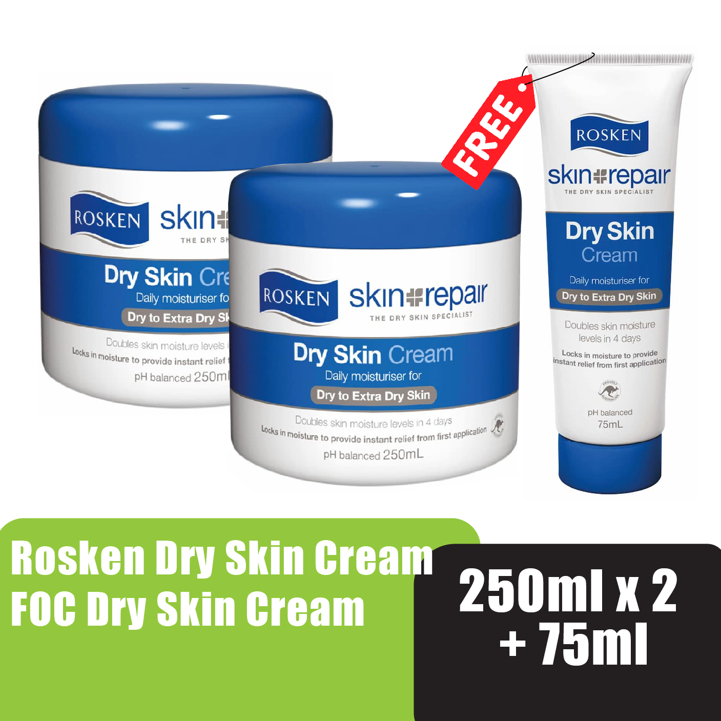 ROSKEN Dry & Sensitive Skin Hand Cream 250ml x2 foc 75ml 皮膚 敏感 止癢护手霜 kulit kering krim tangan