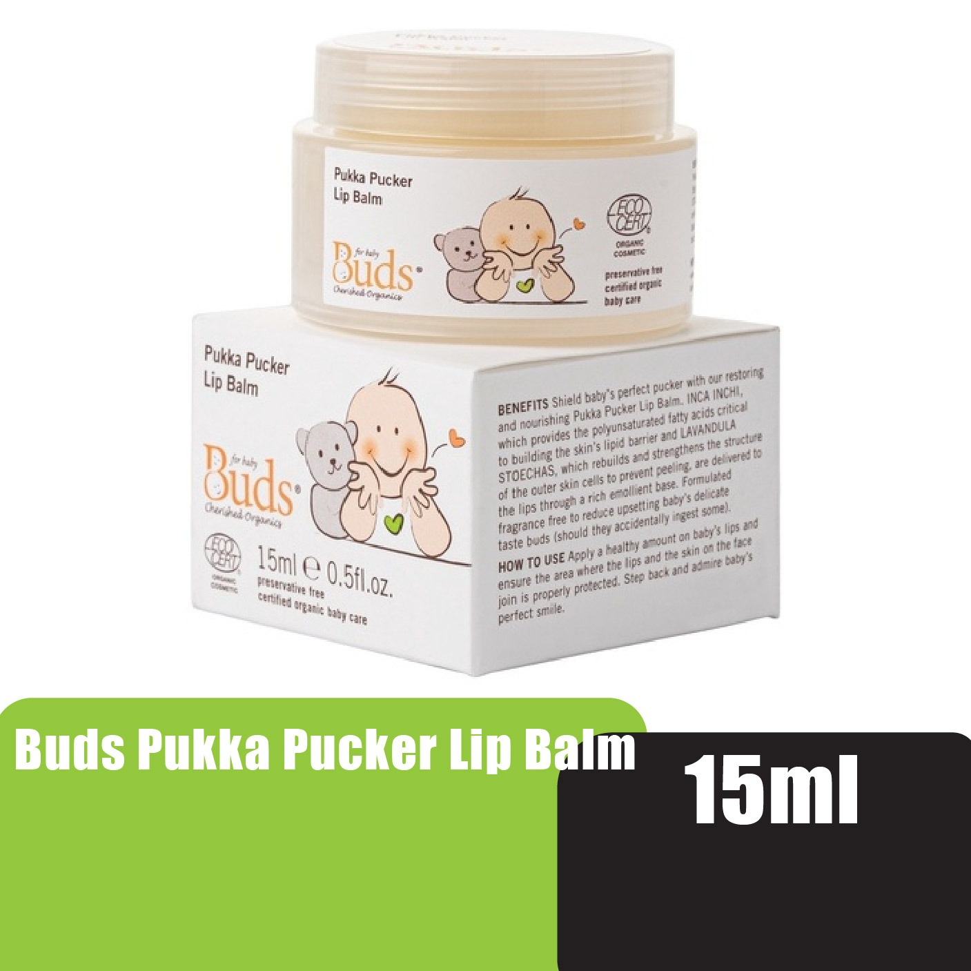 Buds Pukka Pucker Fragrance free Lip Balm 15ml - For skin barrier repair (Suitable for eczema & sensitive skin)