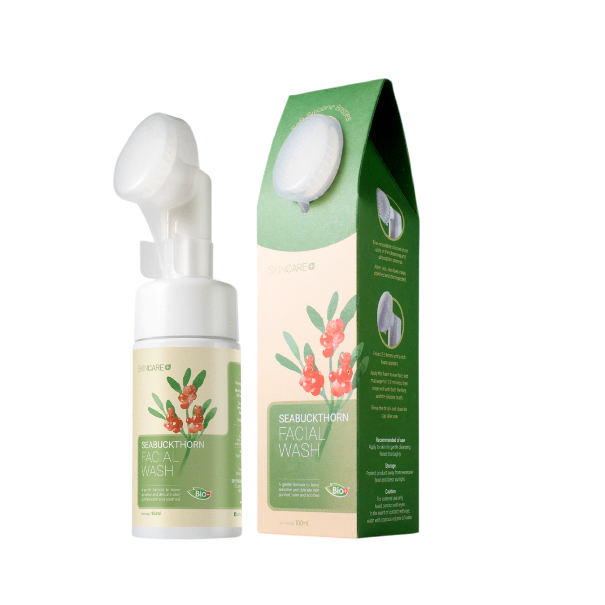 BIO+ Seabuckthorn Facial Wash 100ml With Soft Silicone Head Face Brush Pencuci muka cleanser with brush 沙棘洗臉霜
