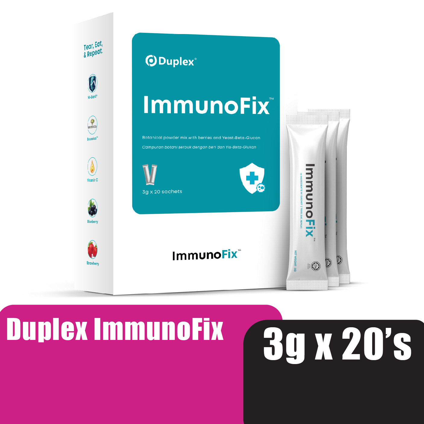 Duplex Immunofix 20's contains rich berries, yeast beta glucan (immune booster)