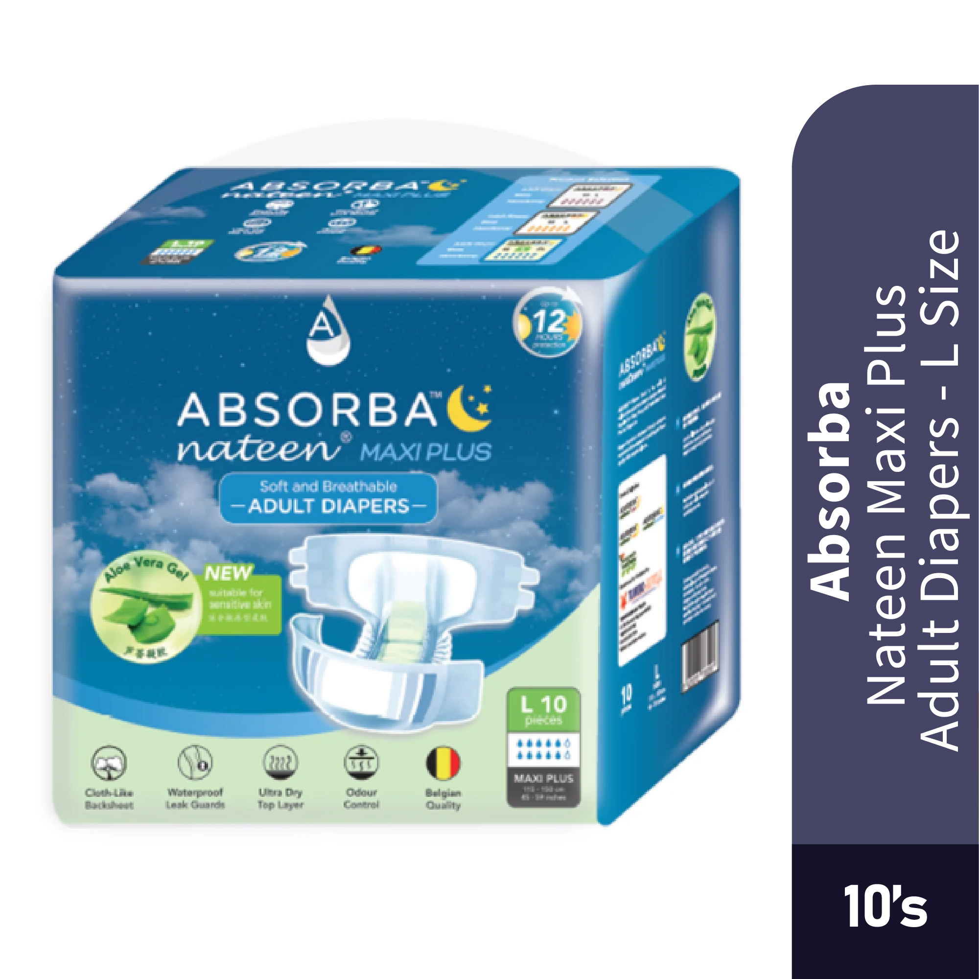 ABSORBA Nateen Maxi Plus Adult Diapers L Size 10's, Lampin Dewasa, 防漏成人纸尿裤