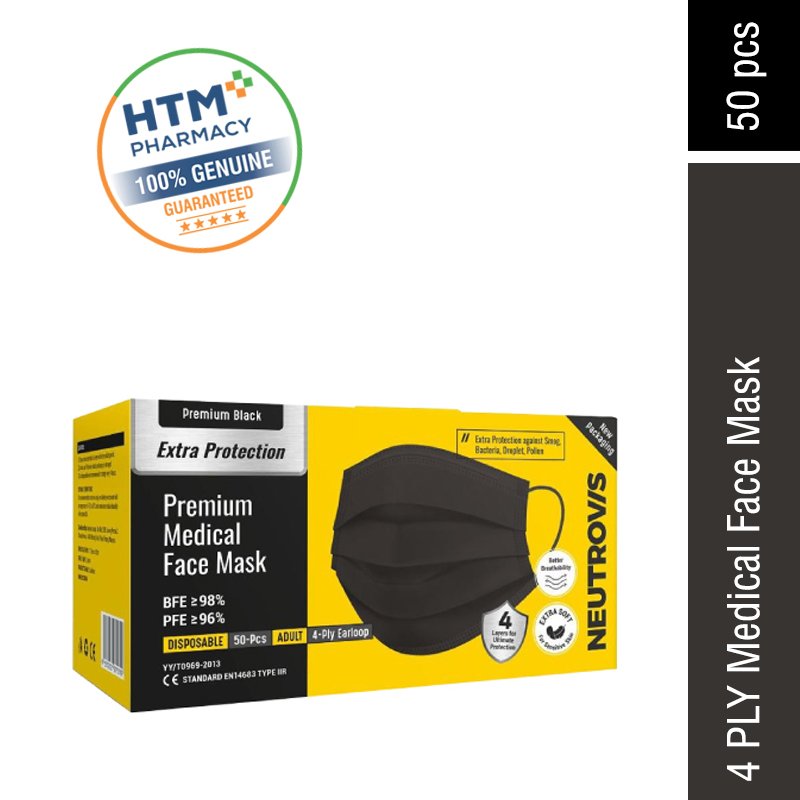 NEUTROVIS Medical Face Mask 4ply - Black 50's, Facemask, Pelitup Muka, Mask Neutrovis, Face Mask