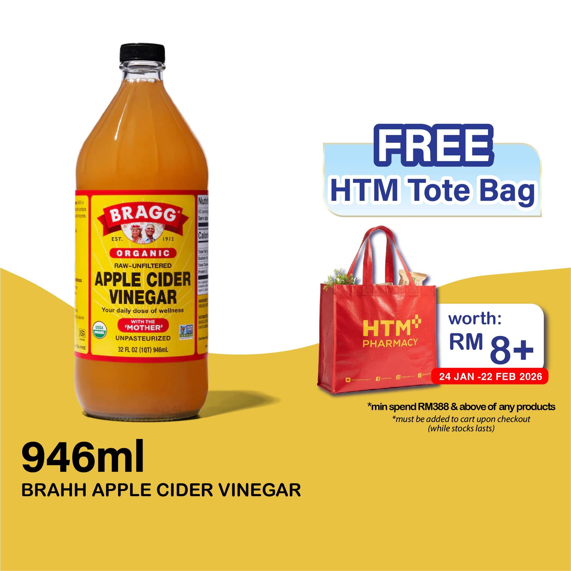 BRAGG Organic Apple Cider Vinegar 946ml - Cuka Epal Organik Halal For Weight Loss 有机 蘋果醋