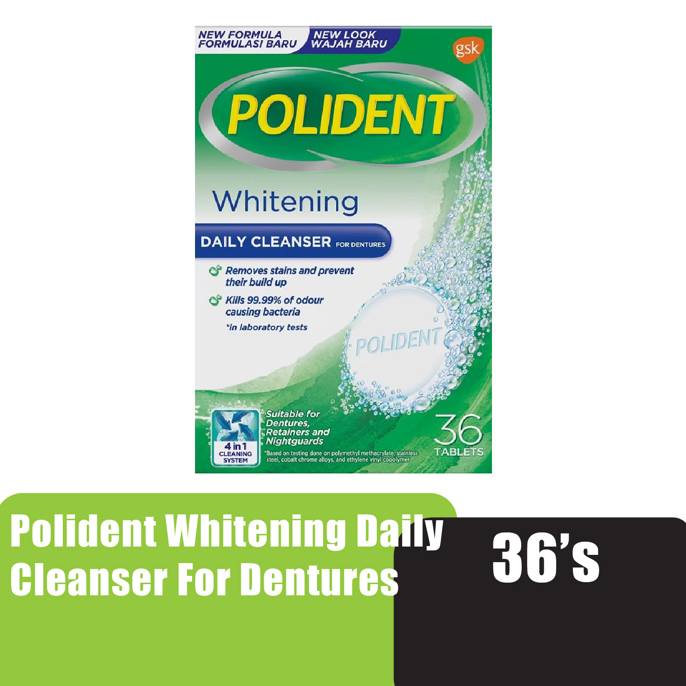 POLIDENT Whitening Cleanser For Denture (3 Minute Antibacterial) 36 Tablets - Polident Retainer Cleanser 假牙清洁片