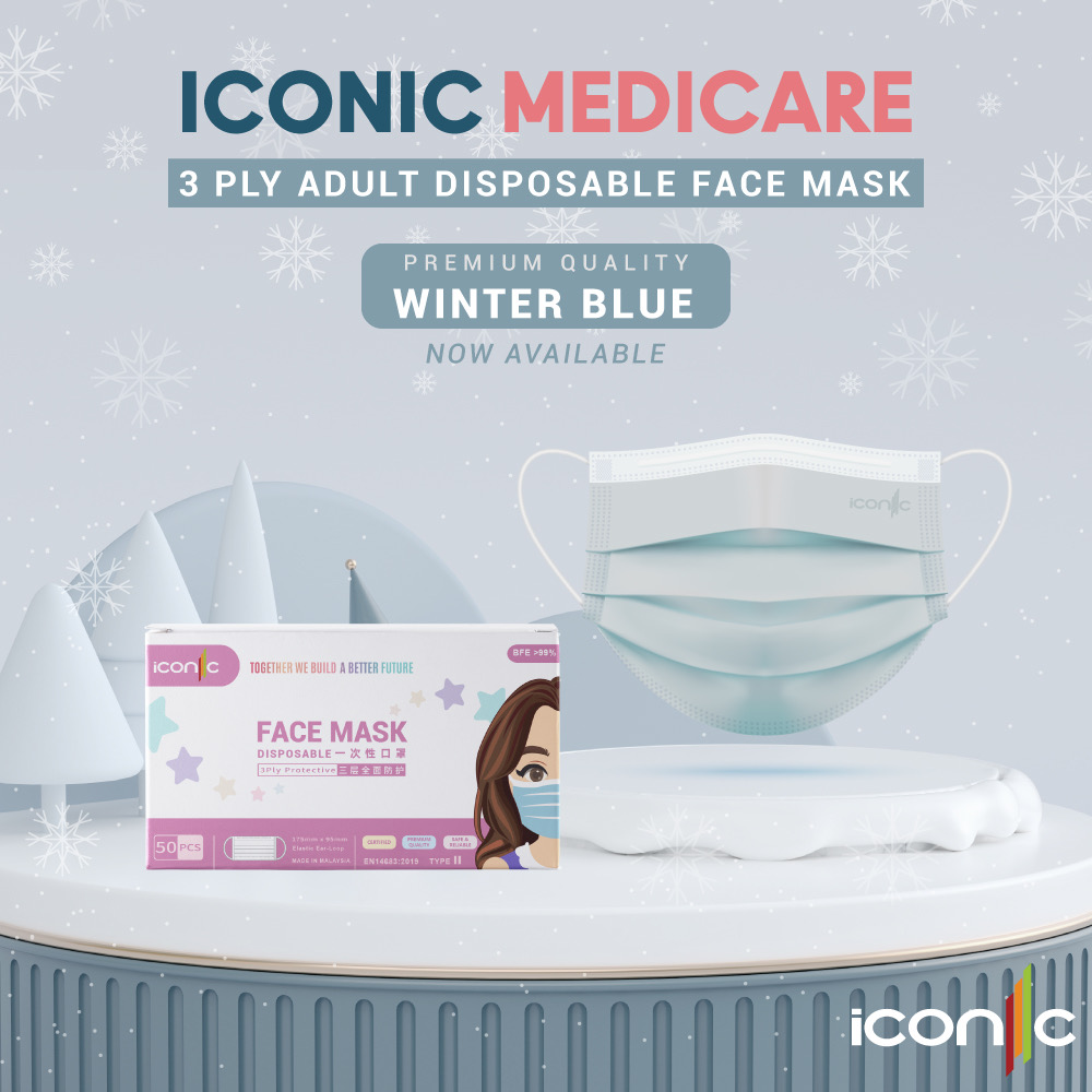 Iconic Adult Medical 3ply Face Mask (Premium Quality-Plain) 50's - Winter Blue