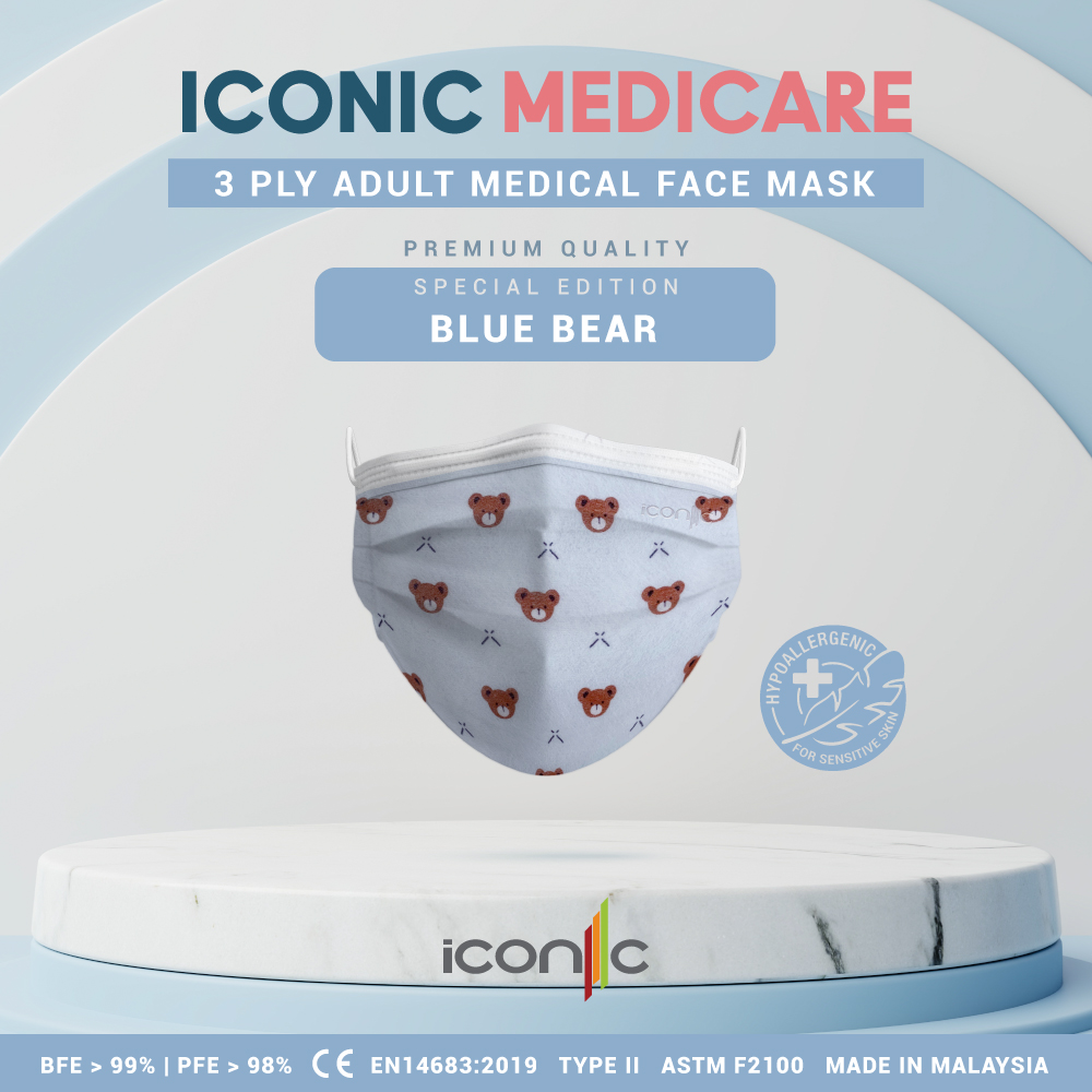 Iconic Adult Medical 3ply Face Mask (Premium Quality-Printed) 50's - Blue Bear