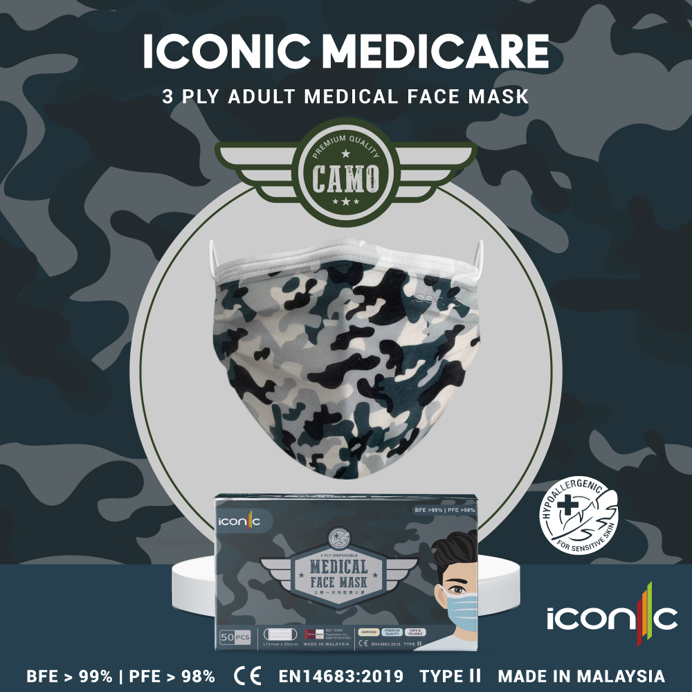 Iconic Adult Medical 3ply Face Mask (Premium Quality-Printed) 50's - Camo