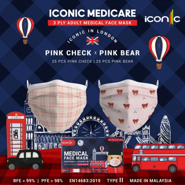 Iconic Adult Medical 3ply Face Mask (Premium Quality-Printed) 50's - Pink Check x Pink Bear